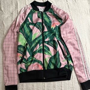 Adidas Women's Pink and Green Leaf Bomber Jacket
